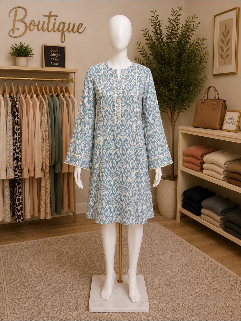 Sky Blue Ikat Midi Dress with Embroidered Neckline
